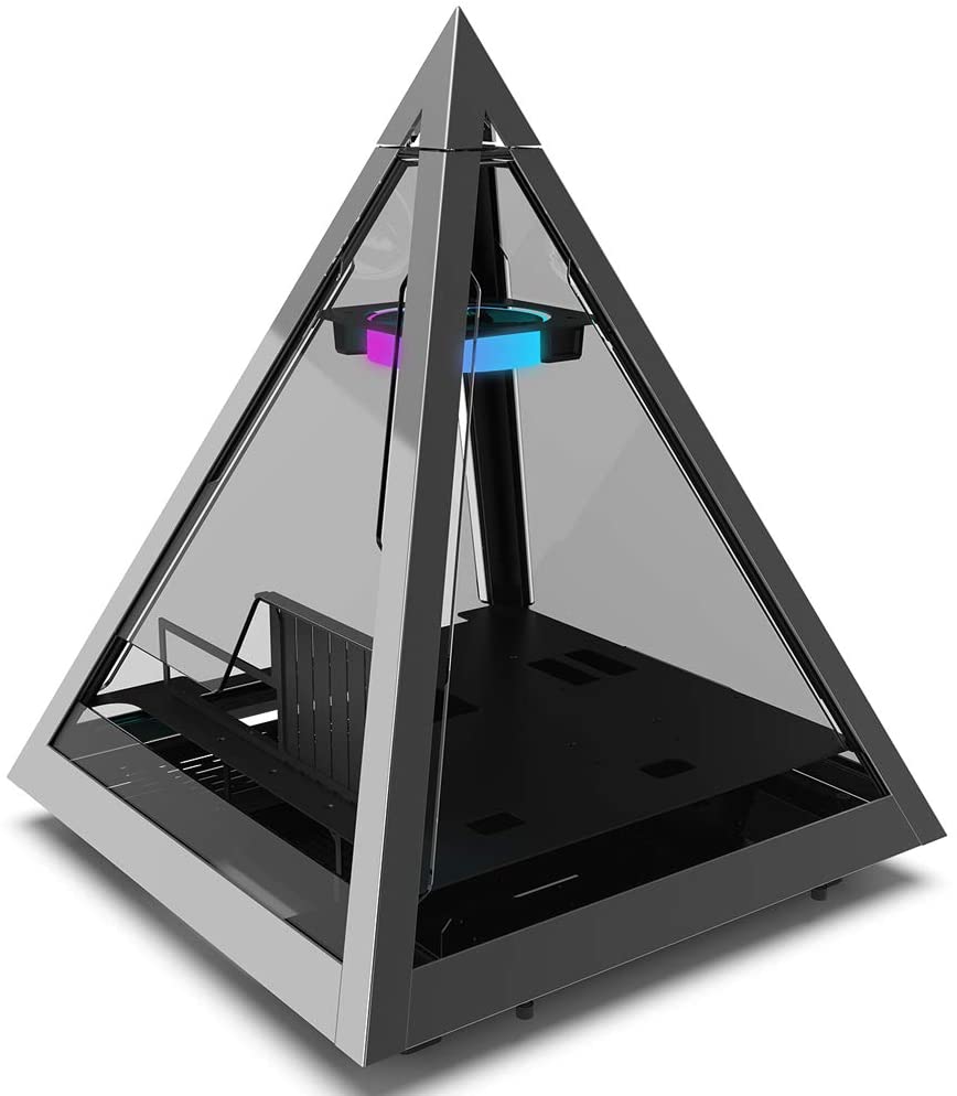 A pyramid shaped gaming PC case with a bright color on top that shines all the internal colors