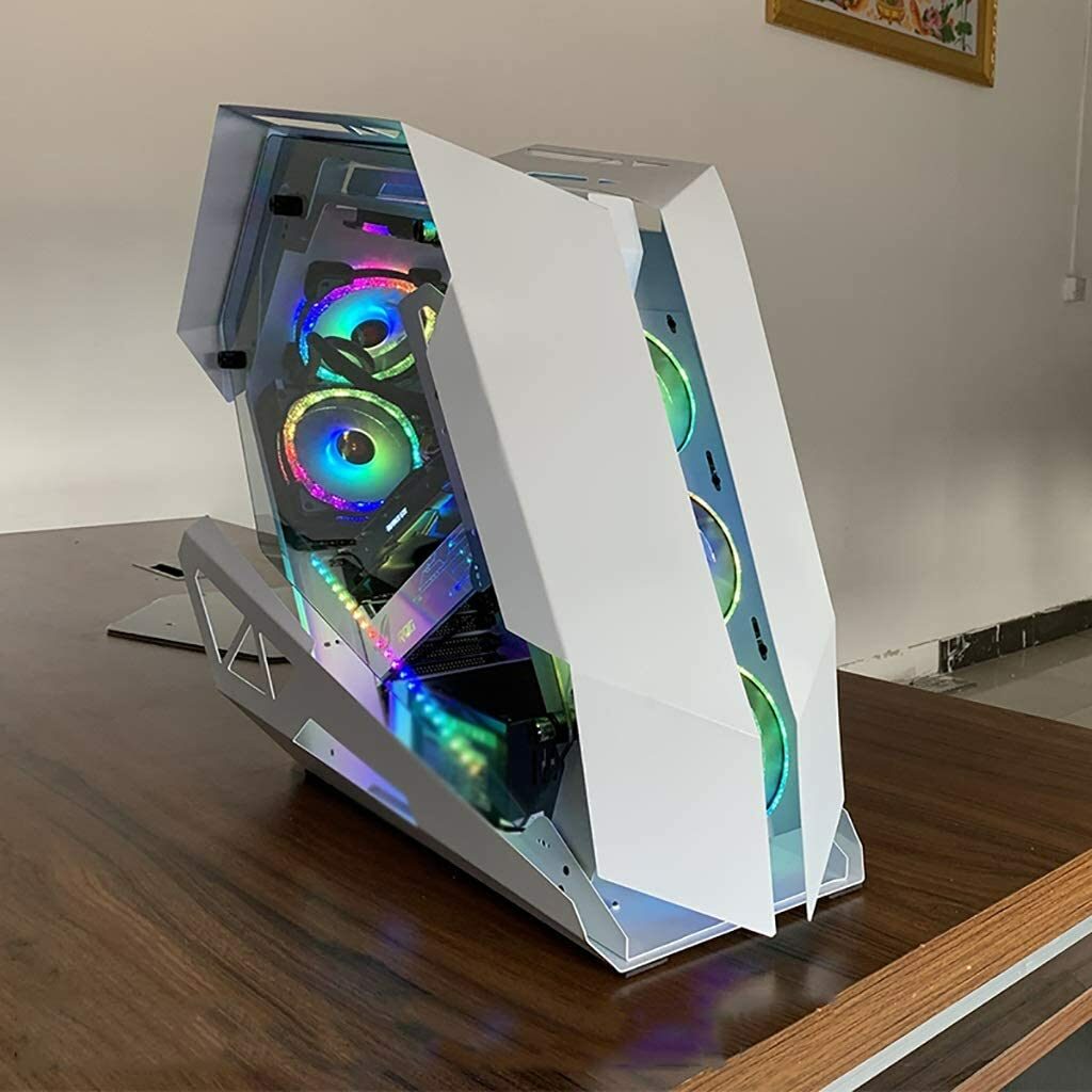 a white gaming PC case with RGB colors  placed on the table