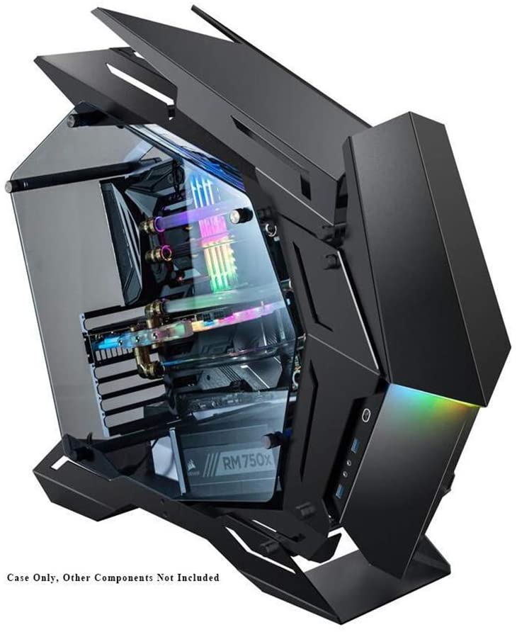 A futuristic PC case with matte black in color and a compressed size with bright RGB colors.