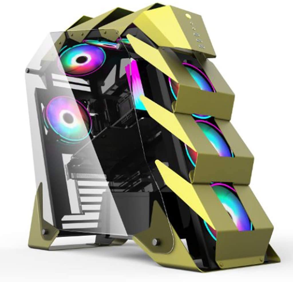 Sabretooth shaped, ferocious looking gaming PC case with RGB fans all over.