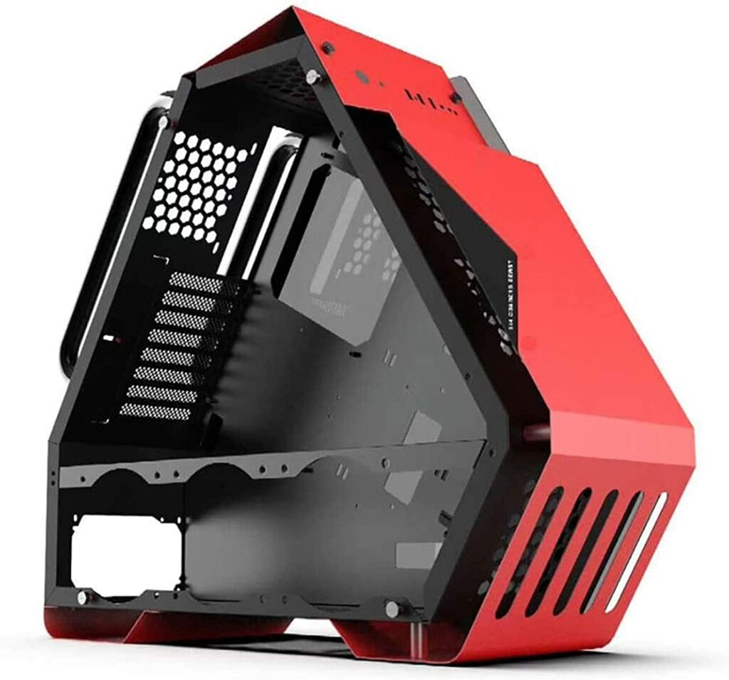 A unique design of ZXFF gaming case in bright red color with a triangular shape