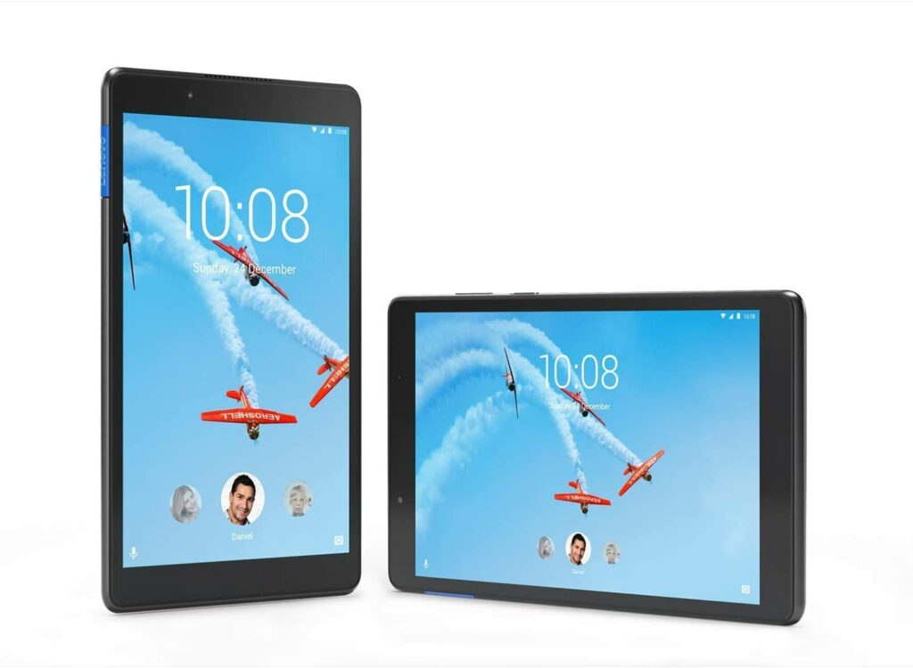 Lenovo Tab E8 in landscape and portrait view with flying airplane wall paper.