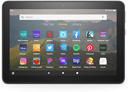 Amazon Fire HD 8 home screen with several famous applications in front.