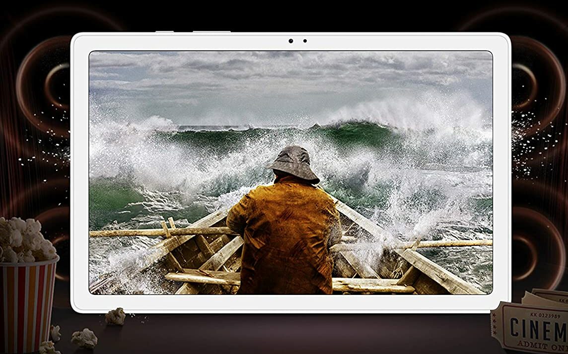 Samsung Galaxy Tab A7 in a landscape orientation and wallpaper of a person sitting on a boat.