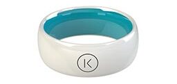 K ring a wire less payment ring with white exterior and cyan interior and K alphabet in front.