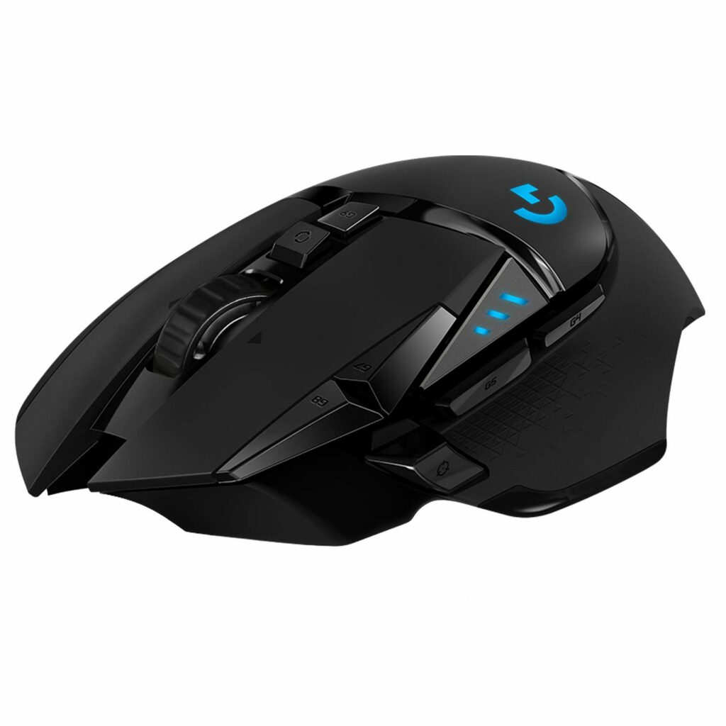 Logitech with multiple programmable buttons and blue color light.