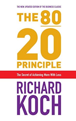 the 80/20 principle book cover in golden and purple color over a white background