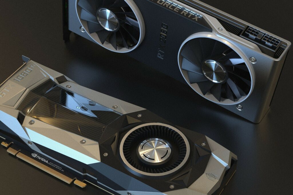 Nvidia GTX 1080 in silver color on a a grey desk