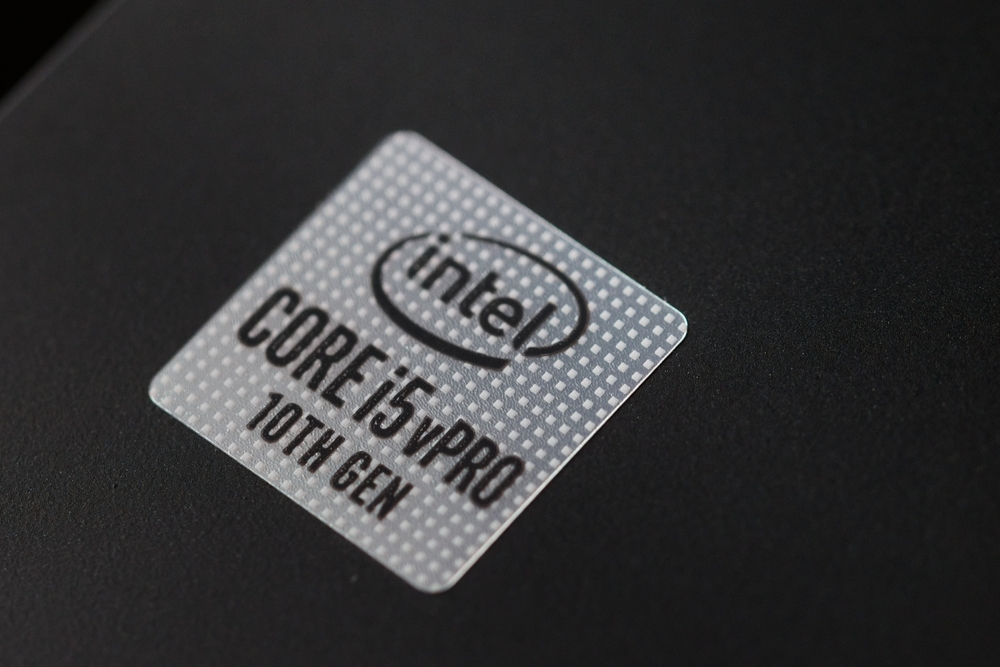 Intel Corporation logo on a sticker of a Lenovo Thinkpad with a Core i5 10th gen processor.