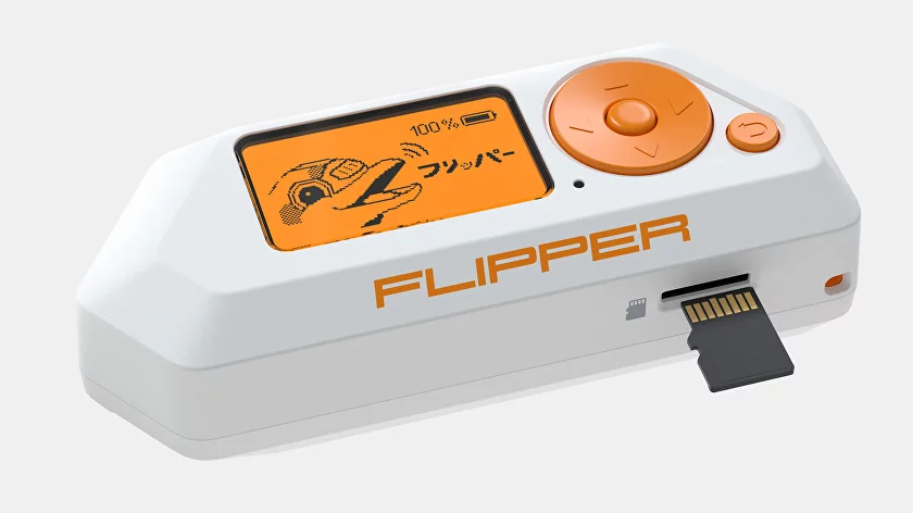 Flipper Zero mit Originalbildschirm und -taste, die zum Hacken von Signalen verwendet werden.