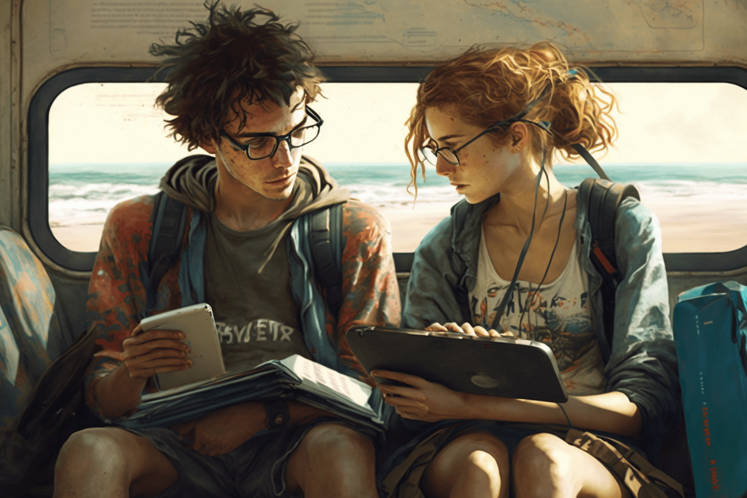 couple teenage of nomadic travelers, using a calculator, sitting at a desk with a backpacks next to them, at a beach, sunny environment