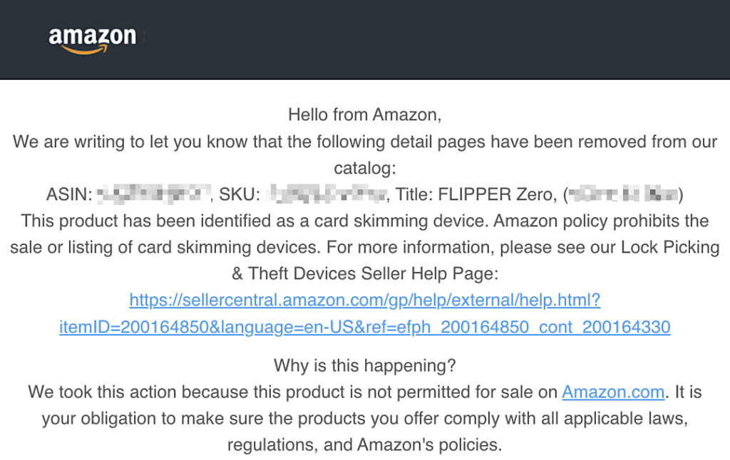 Flipper Zero Amazon ban notice